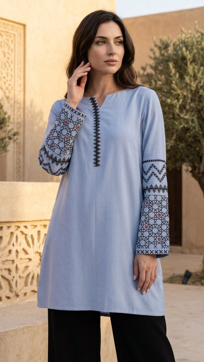 Woman wearing a light blue embroidered dress standing in front of a decorative wall.