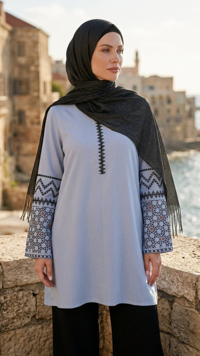 Zahra Embroidered Modest Cotton Feel Tunic - Powder Blue - PREORDER (ships in 2 weeks)