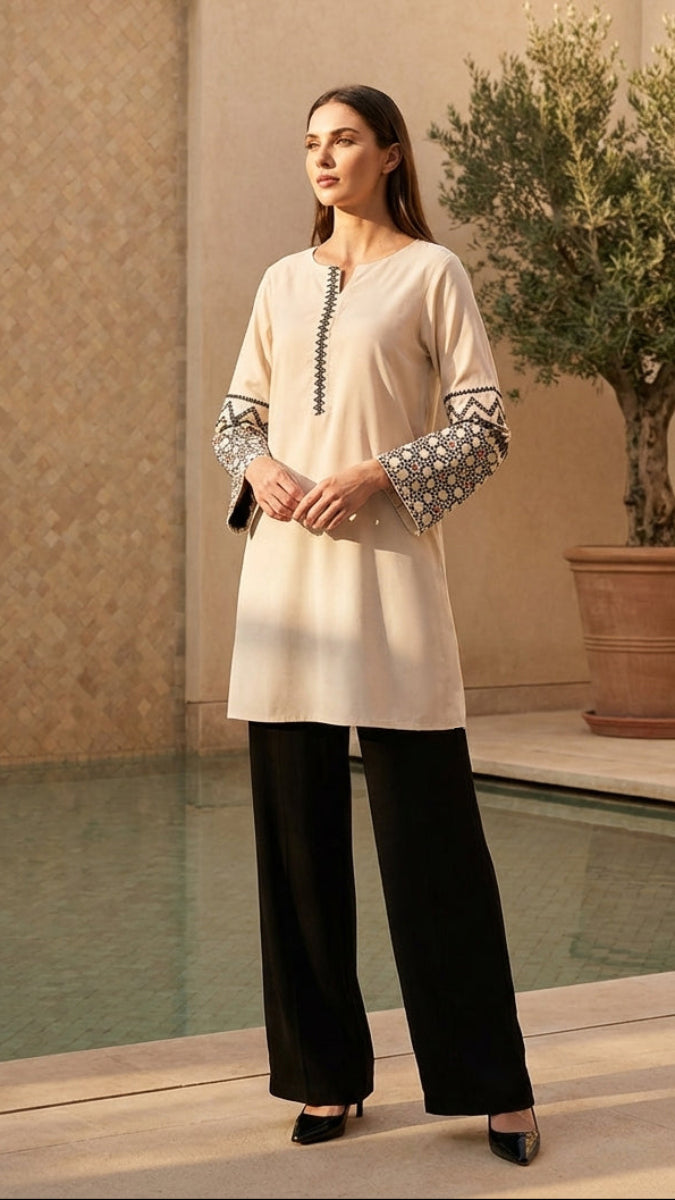 Zahra Embroidered Modest Cotton Feel Tunic - Almond
