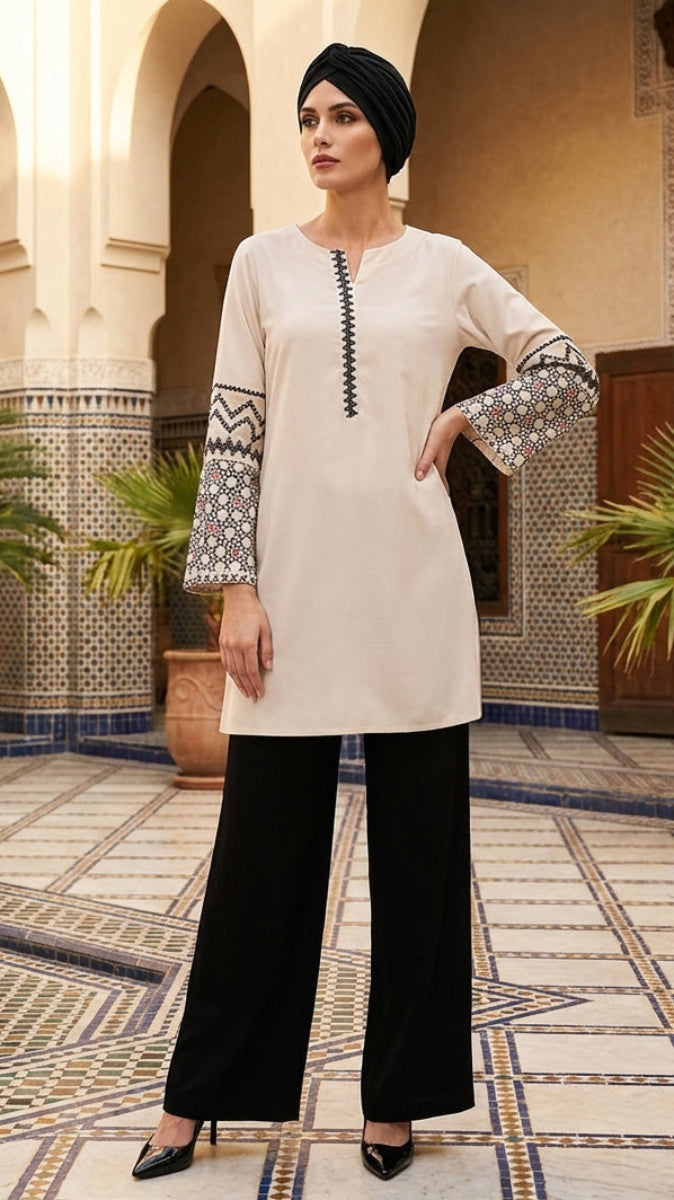 Zahra Embroidered Modest Cotton Feel Tunic - Almond