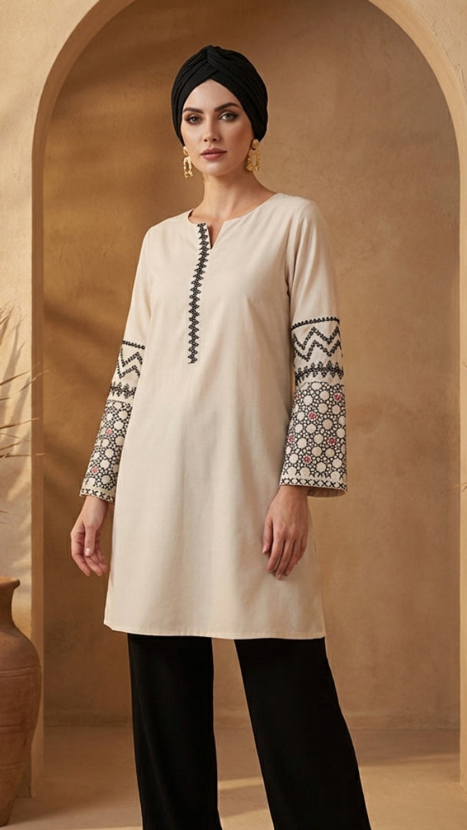 Zahra Embroidered Modest Cotton Feel Tunic - Almond
