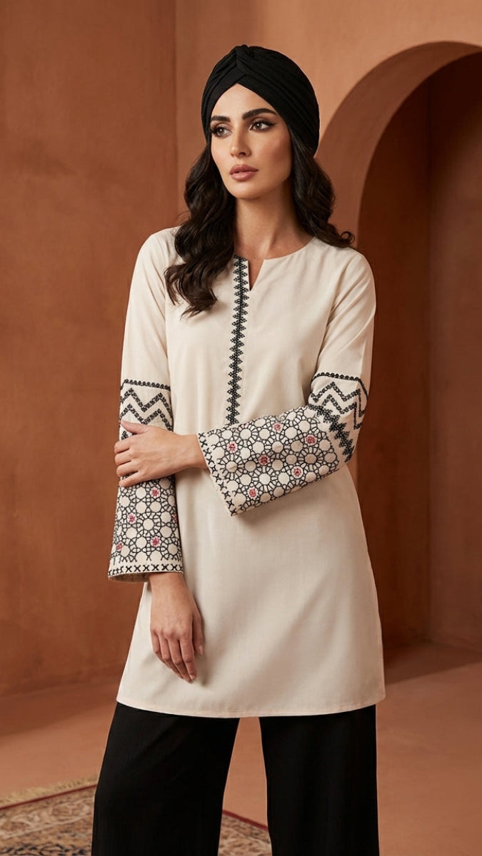 Zahra Embroidered Modest Cotton Feel Tunic - Almond