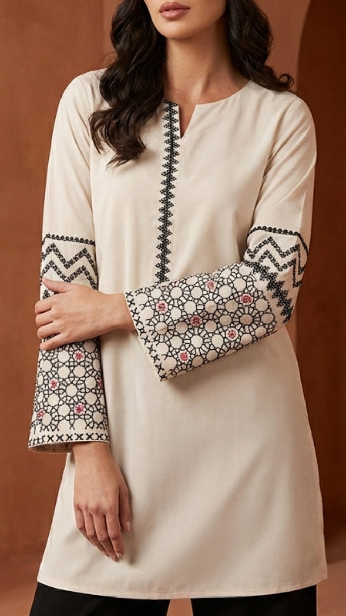 Zahra Embroidered Modest Cotton Feel Tunic - Almond