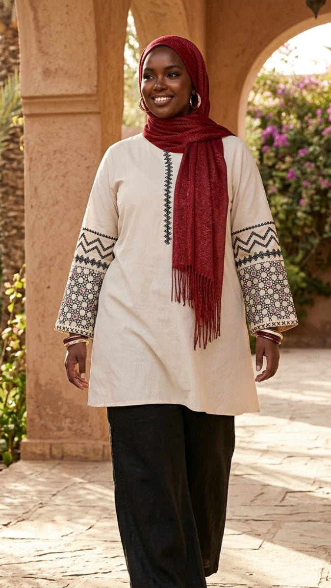Zahra Almond Cream Cotton Feel Embroidered Long Modest Tunic
