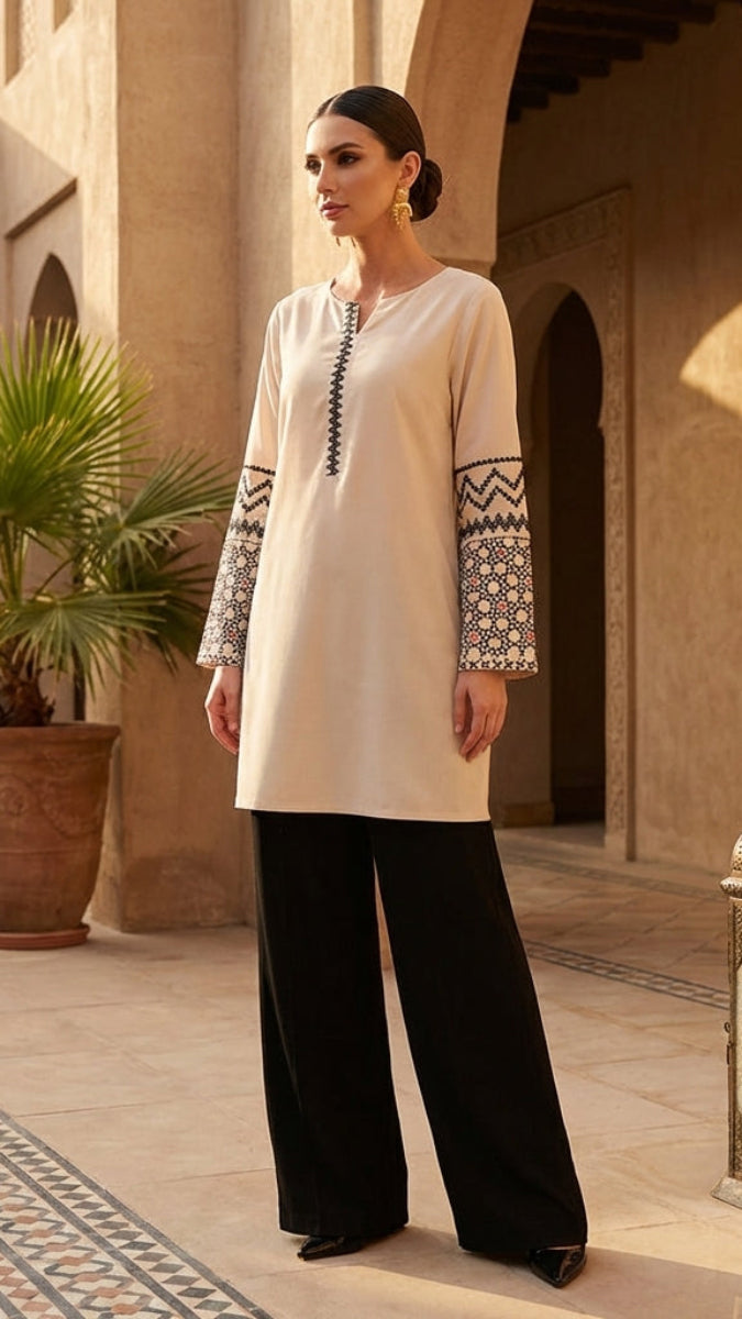 Zahra Embroidered Modest Cotton Feel Tunic - Almond
