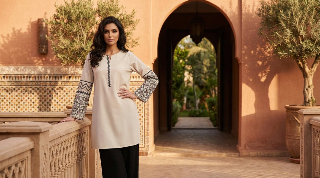 Zahra Embroidered Modest Cotton Feel Tunic - Almond