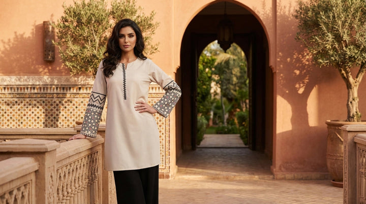 Zahra Embroidered Modest Cotton Feel Tunic - Almond