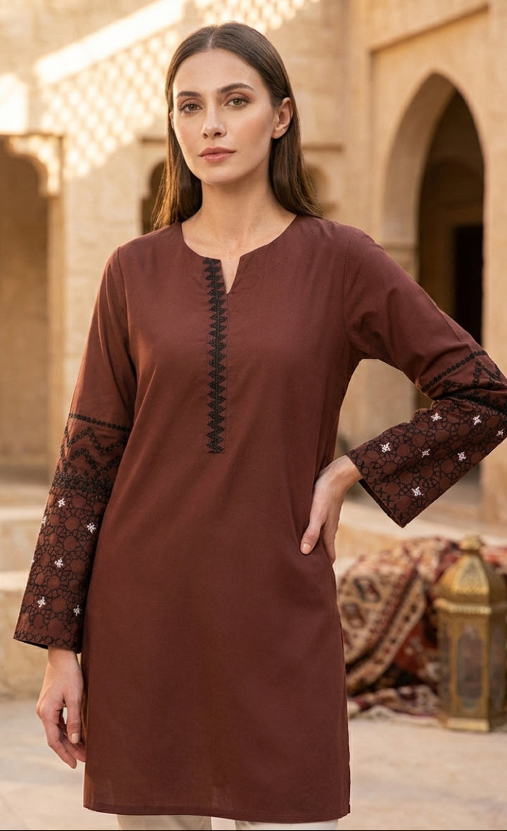 Zahra Umber Brown Cotton Feel Embroidered Long Modest Tunic | Islamic Clothing