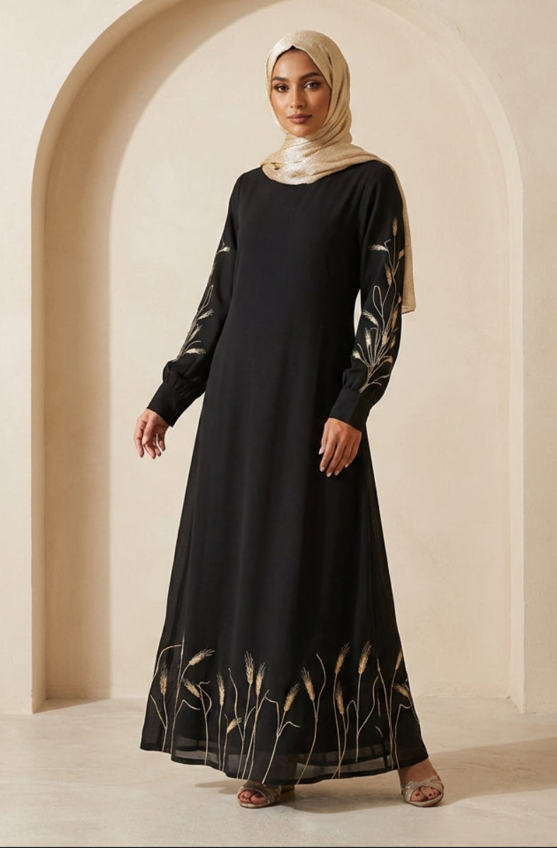 Zeeba Gold Embellished Modest Long Maxi Dress - Black