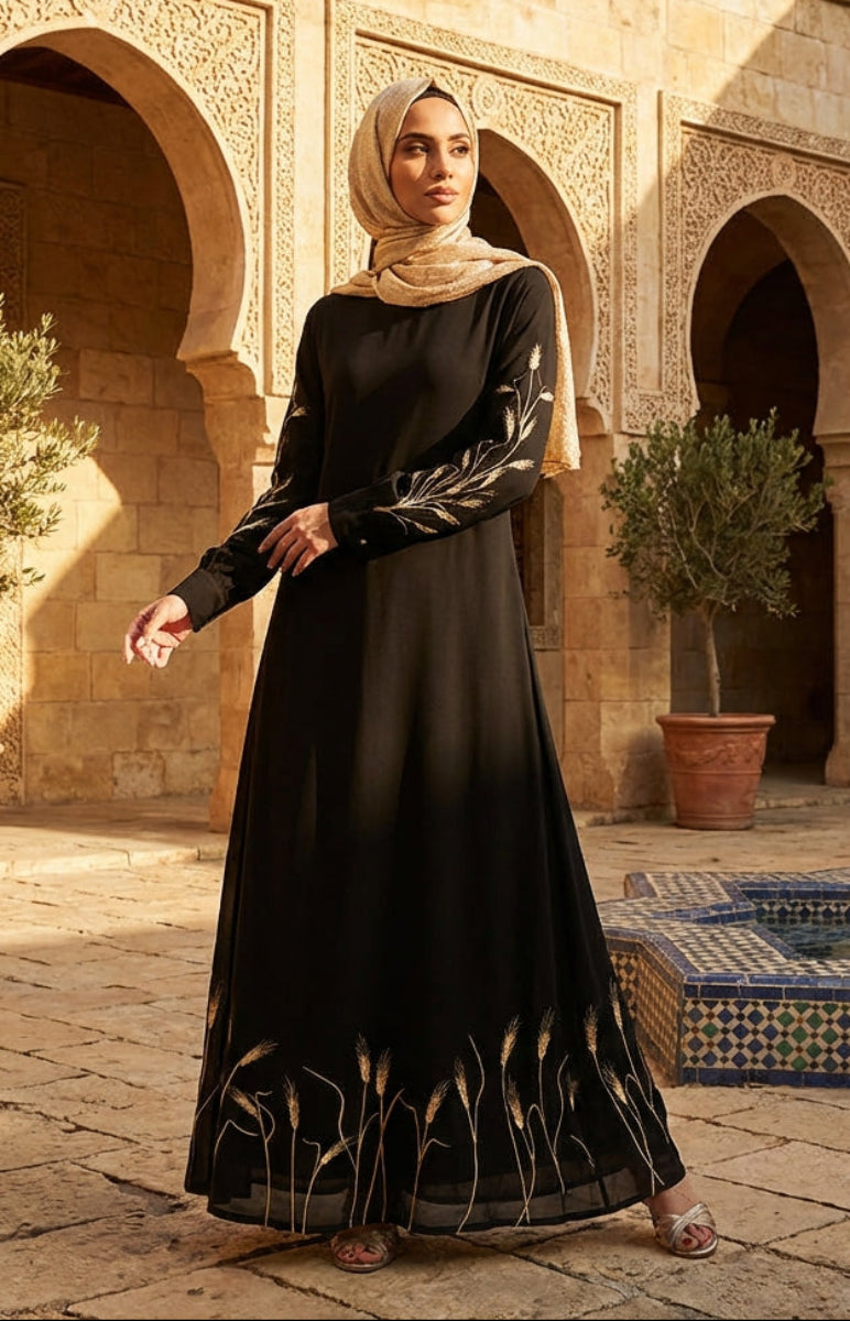 Woman in a black dress with gold embroidery standing in a courtyard with stone arches and potted plants.