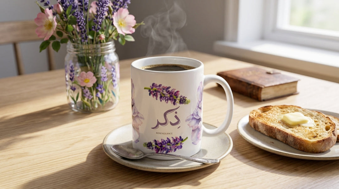 Cup of coffee with a floral design on a saucer, next to a plate of toast with butter, a vase of flowers, and a book on a wooden table.