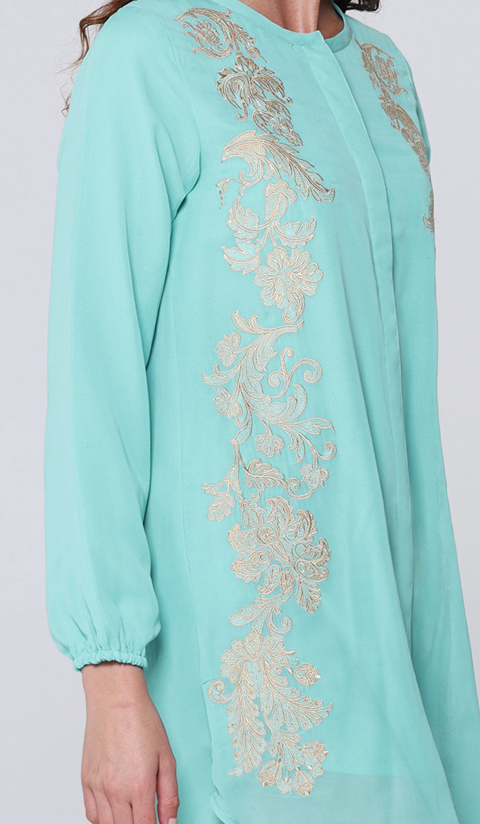 Acantha Embroidered Long Modest Tunic - Turquoise/Beige
