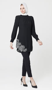 Acille Embroidered Long Modest Tunic - Black