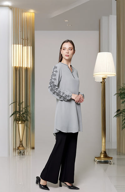 Afnan Embroidered Long Modest Tunic - Dove/Black