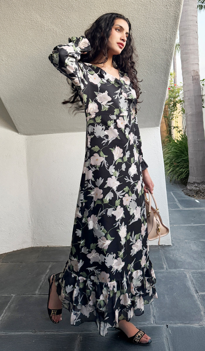 Afroze Ruffle Print Chiffon Modest Long Maxi Dress - Rose Noir - PREORDER (ships in 2 weeks)