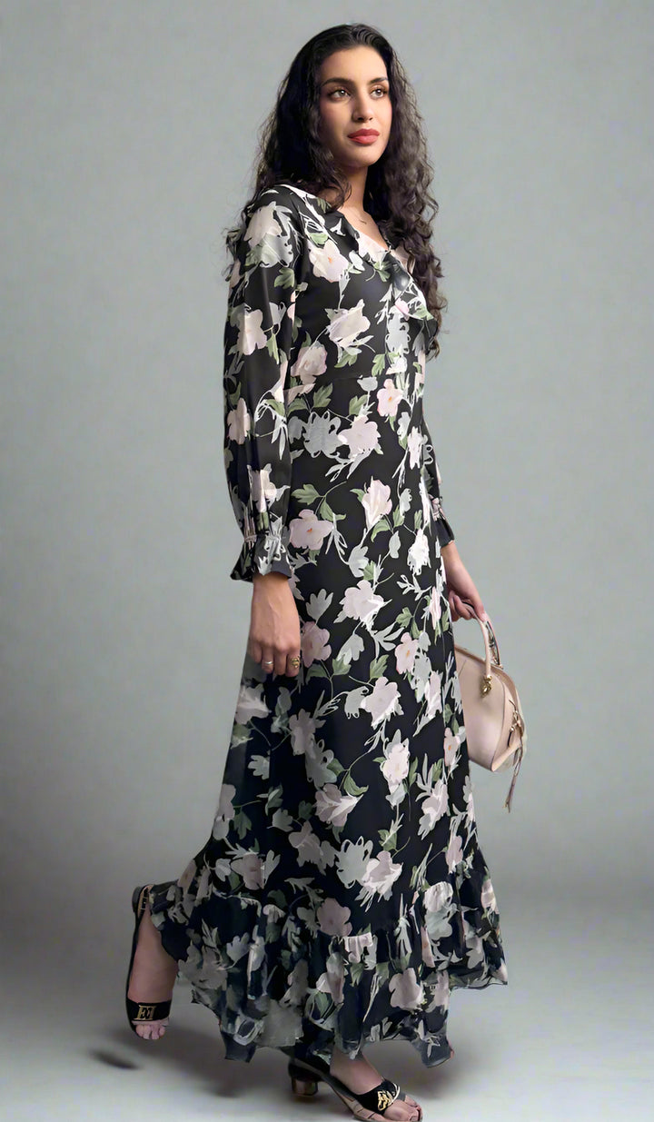 Afroze Ruffle Print Chiffon Modest Long Maxi Dress - Rose Noir - PREORDER (ships in 2 weeks)