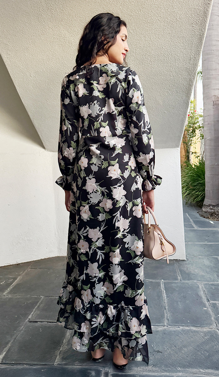 Afroze Ruffle Print Chiffon Modest Long Maxi Dress - Rose Noir - PREORDER (ships in 2 weeks)