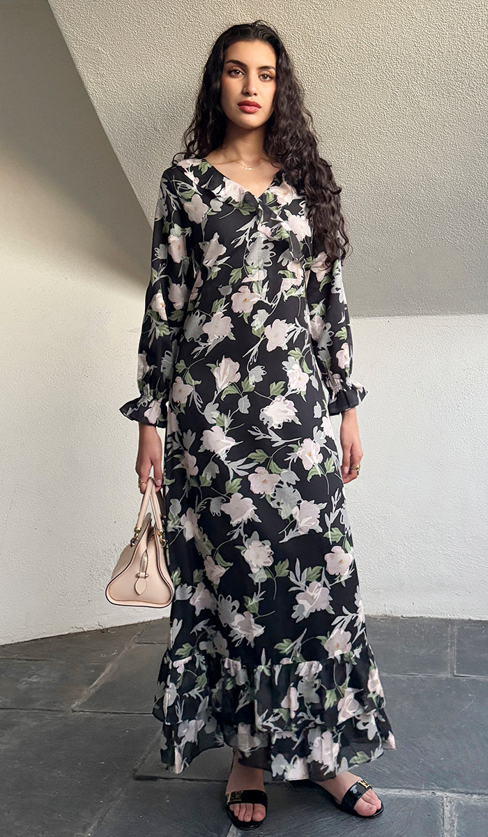 Afroze Ruffle Print Chiffon Modest Long Maxi Dress - Rose Noir - PREORDER (ships in 2 weeks)