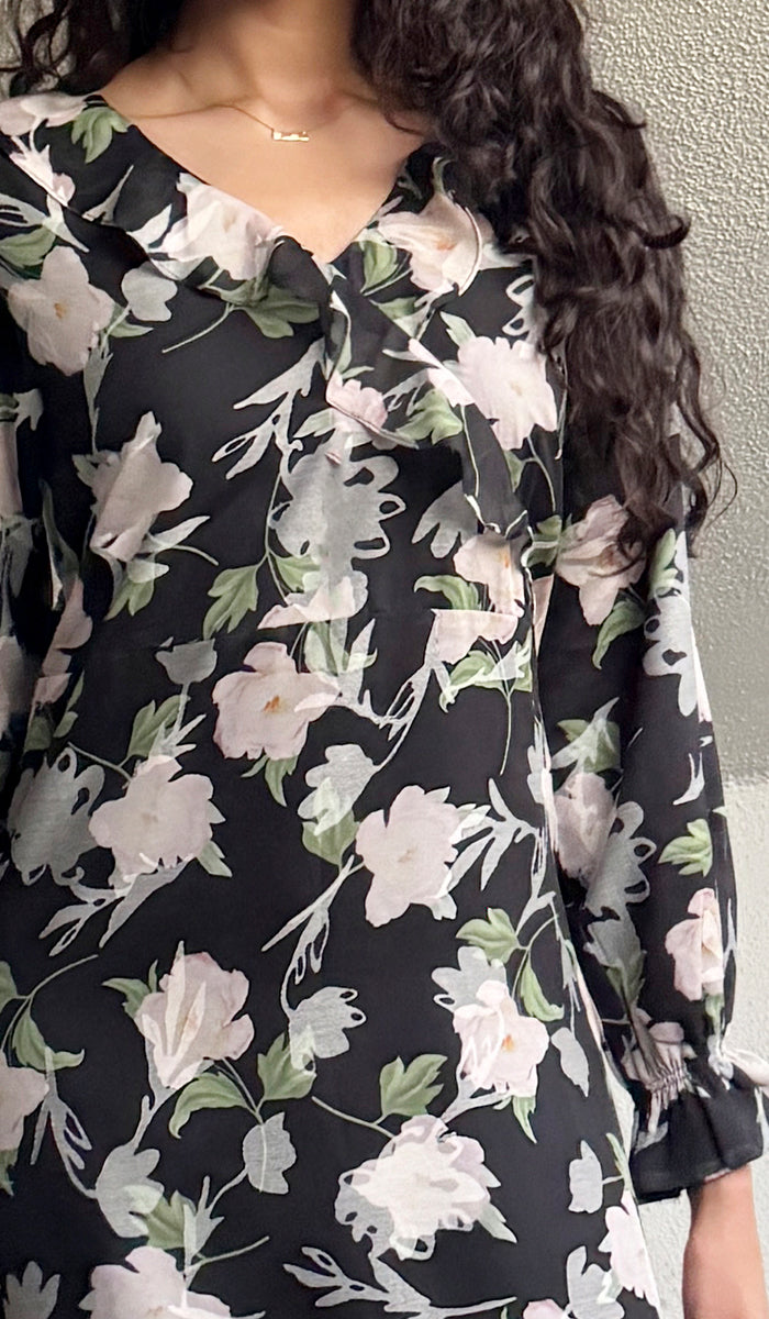 Afroze Ruffle Print Chiffon Modest Long Maxi Dress - Rose Noir - PREORDER (ships in 2 weeks)