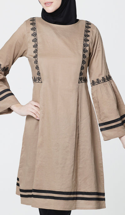 Aicha Embroidered Cotton Modest Midi Tunic - Cafe - PREORDER (ships in 2 weeks)