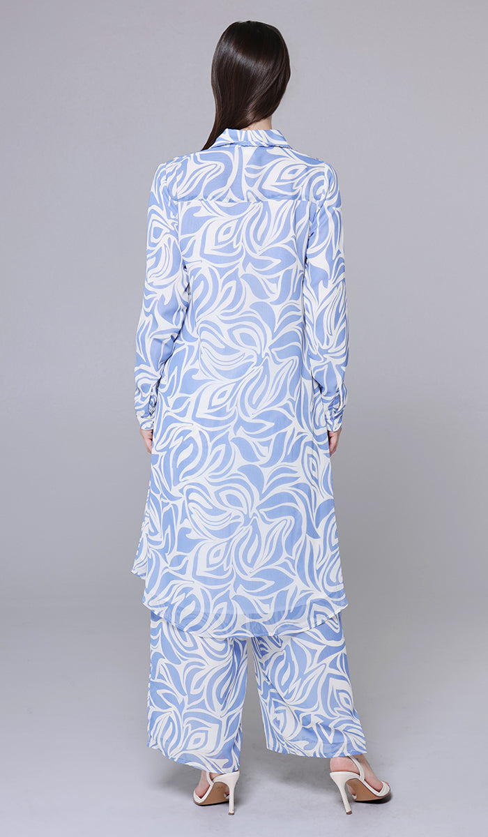 Alima Long Flowy Buttondown Shirt Jacket - Blue Swirl - PREORDER (ships in 2 weeks)