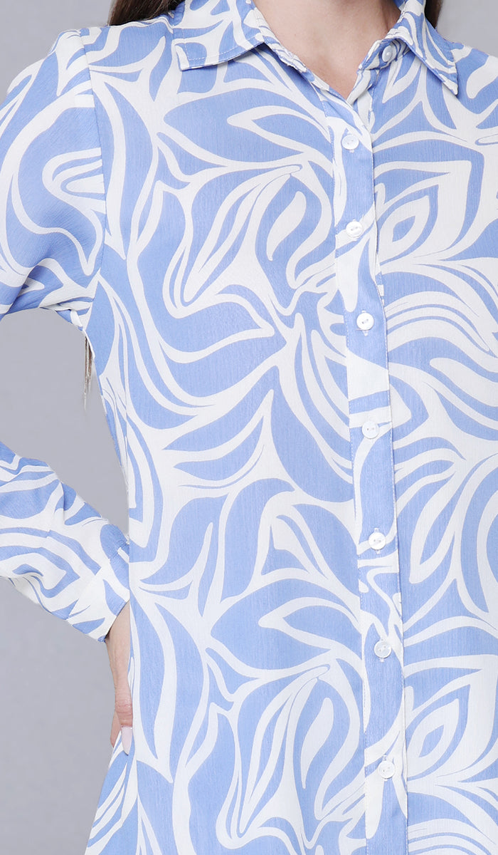 Alima Long Flowy Buttondown Shirt Jacket - Blue Swirl - PREORDER (ships in 2 weeks)