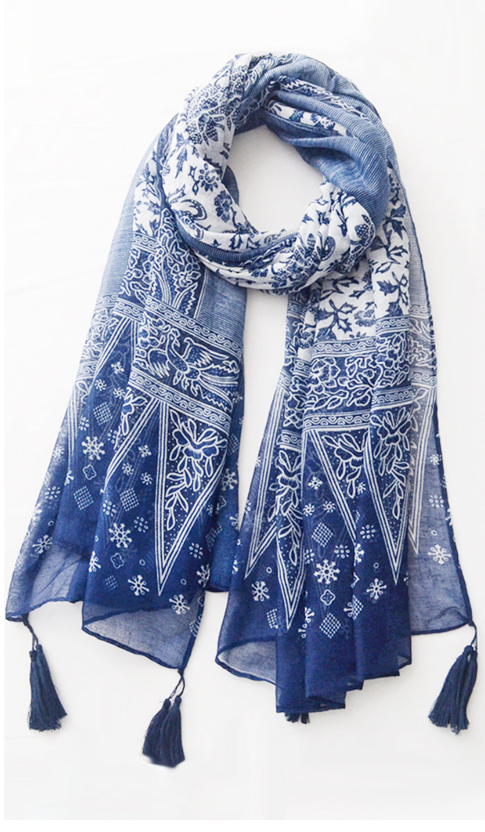 Navy Blue/White Non-slip Cotton Striped Wrap Hijab Scarf.