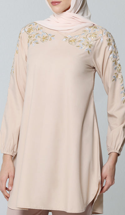 Alisha Gold Embellished Long Modest Tunic - Blush