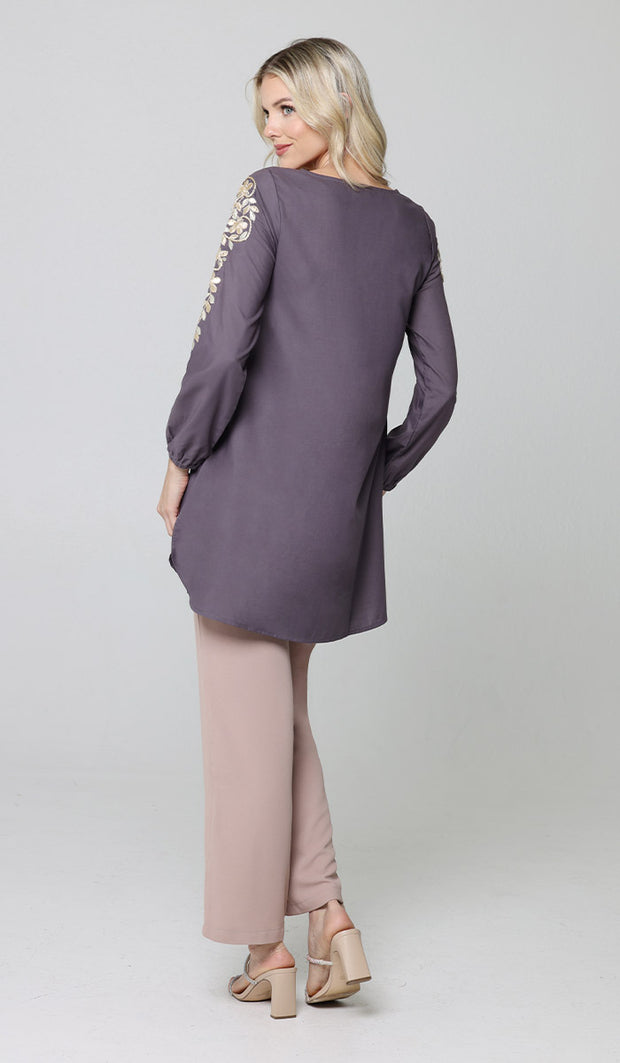 Alisha Gold Embellished Long Modest Tunic - Dusty Purple - PRÉCOMMANDE (expédié dans 2 semaines)