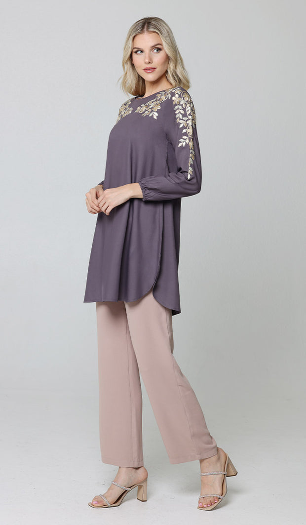 Alisha Gold Embellished Long Modest Tunic - Dusty Purple - PRÉCOMMANDE (expédié dans 2 semaines)