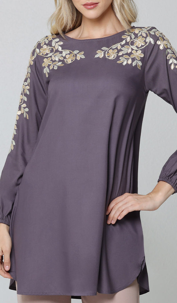 Alisha Gold Embellished Long Modest Tunic - Dusty Purple