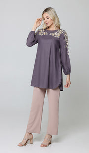 Alisha Gold Embellished Long Modest Tunic - Dusty Purple - PRÉCOMMANDE (expédié dans 2 semaines)