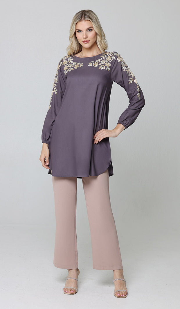 Alisha Gold Embellished Long Modest Tunic - Dusty Purple - PRÉCOMMANDE (expédié dans 2 semaines)