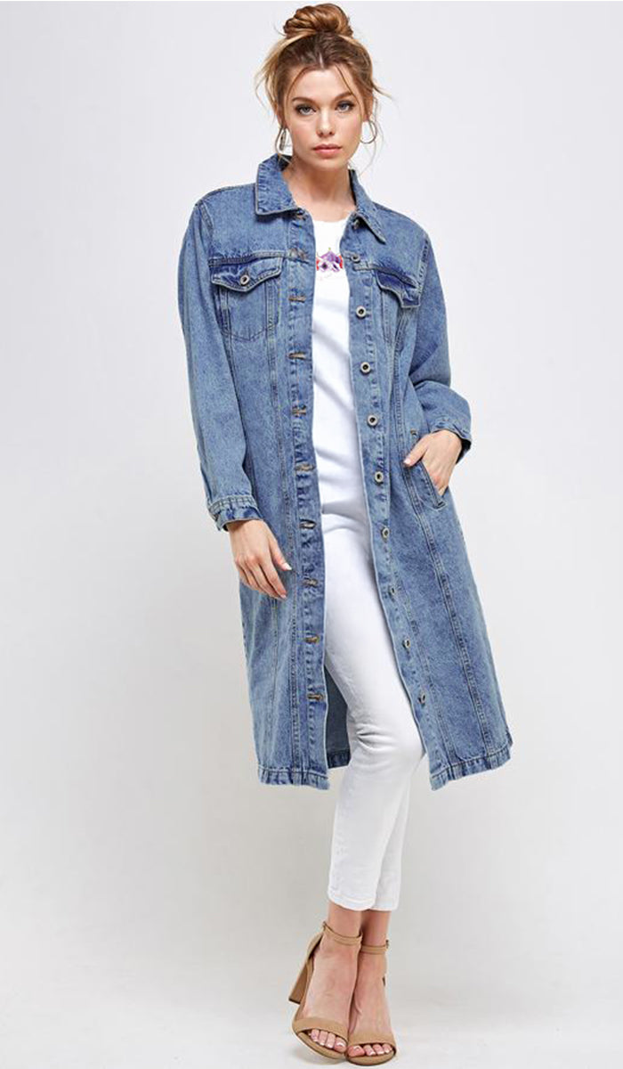 Aliza Long Cotton Oversized Denim Trench Jacket
