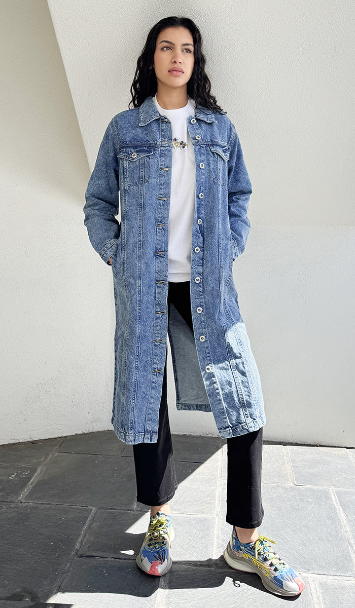 Aliza Long Cotton Oversized Denim Trench Jacket