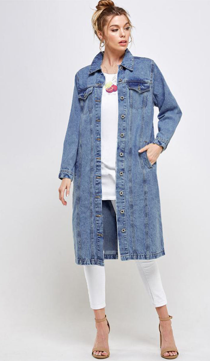 Aliza Long Cotton Oversized Denim Trench Jacket