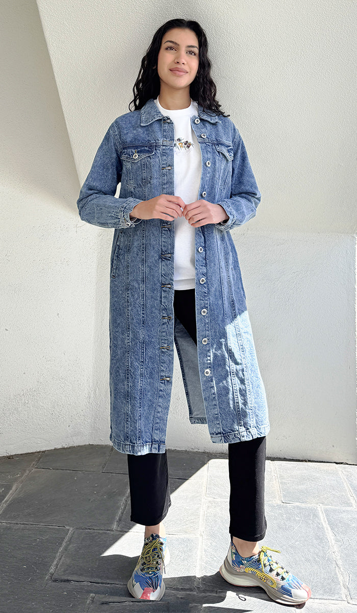 Aliza Long Cotton Oversized Denim Trench Jacket
