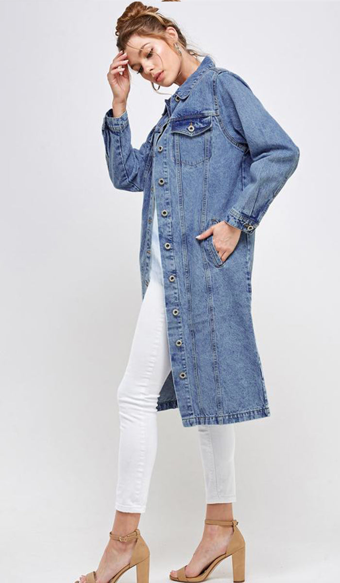 Aliza Long Cotton Oversized Denim Trench Jacket