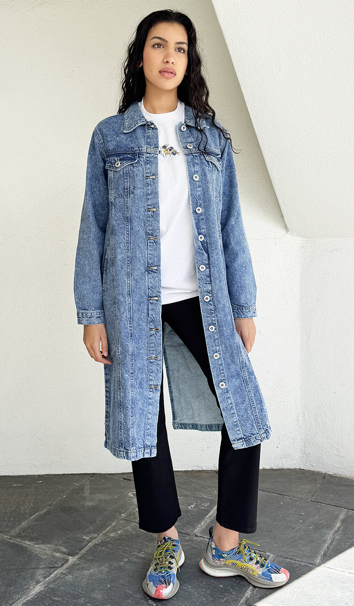 Aliza Long Cotton Denim Trench Jacket Modest Islamic Clothing