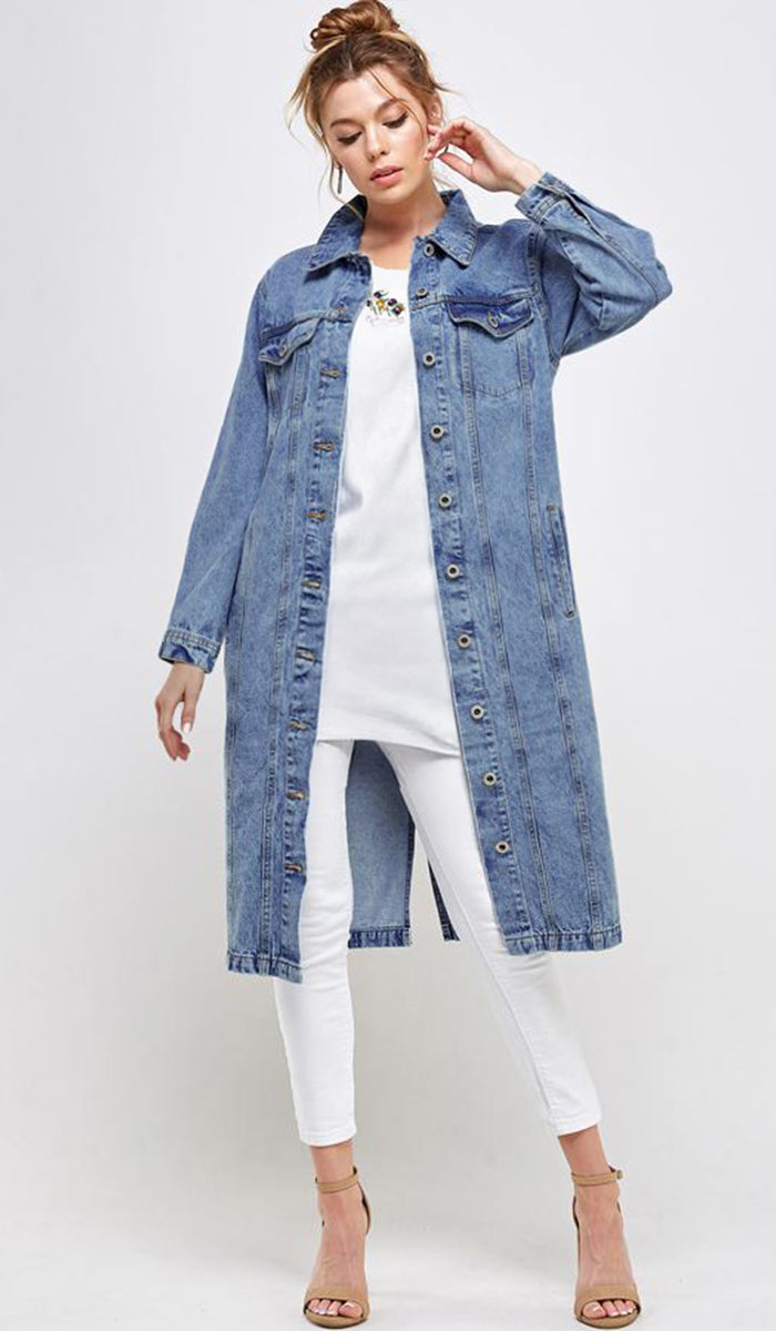 Aliza Long Cotton Oversized Denim Trench Jacket