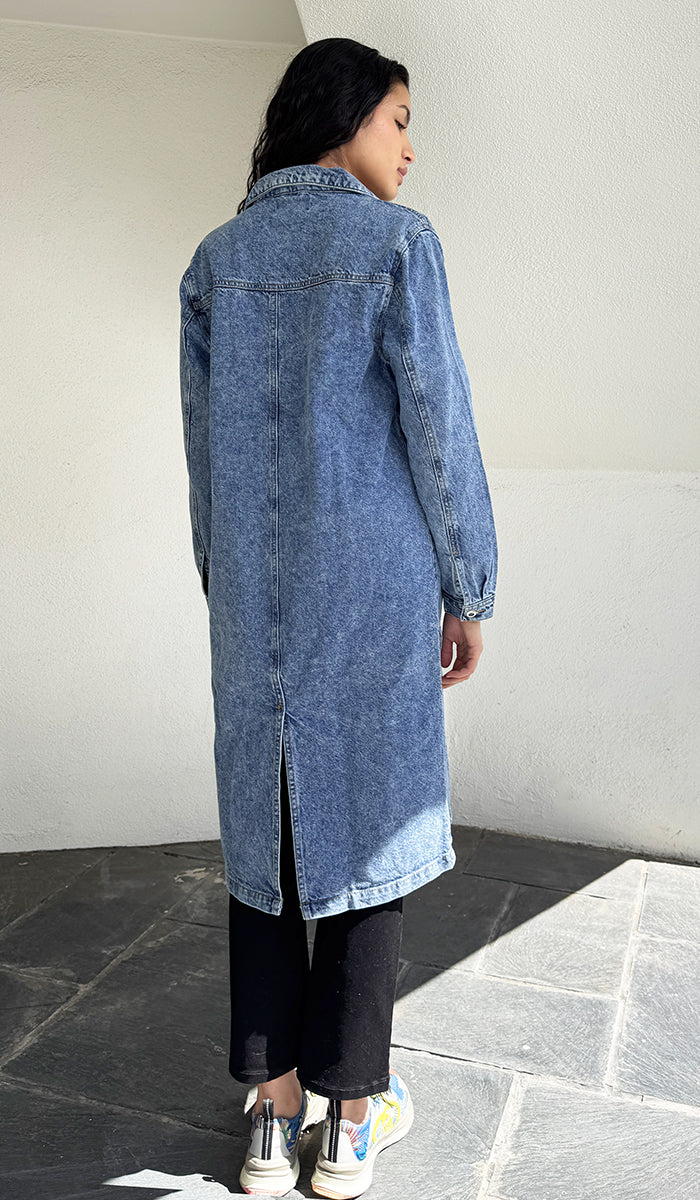 Aliza Long Cotton Oversized Denim Trench Jacket