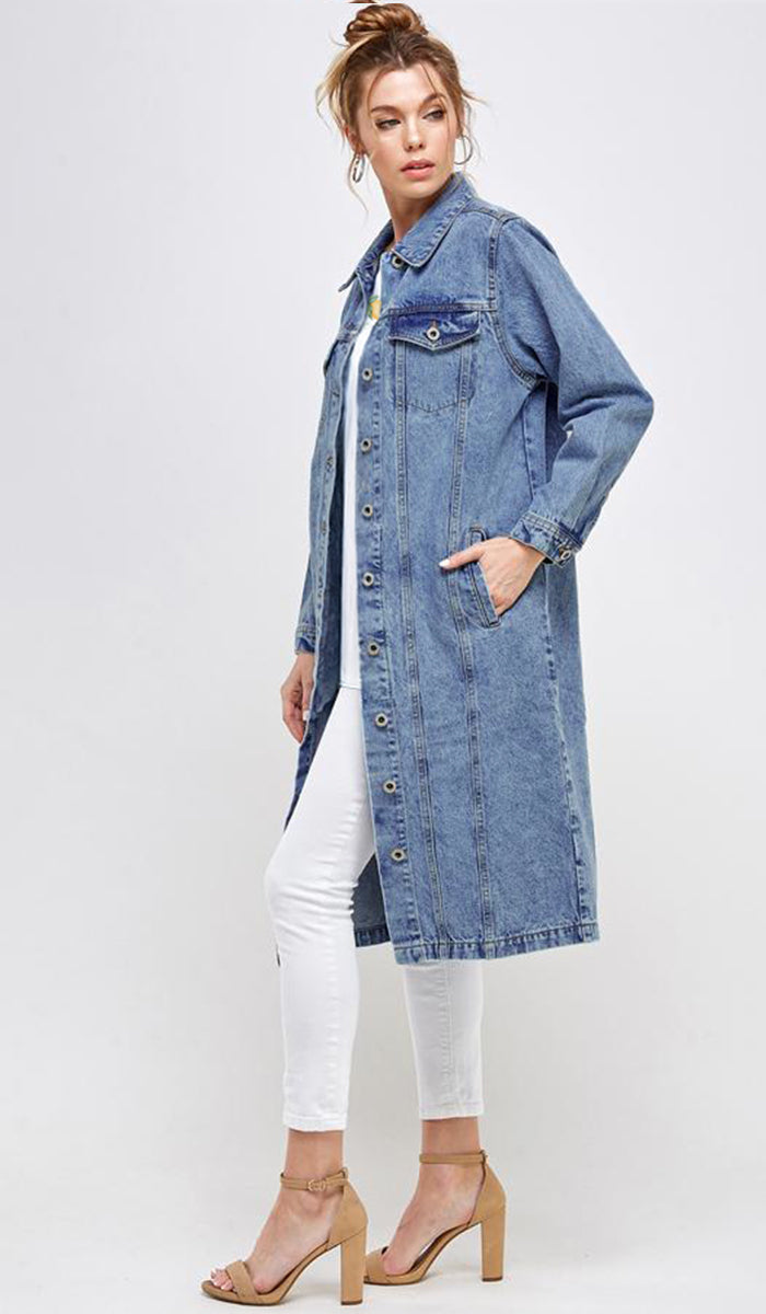 Aliza Long Cotton Oversized Denim Trench Jacket