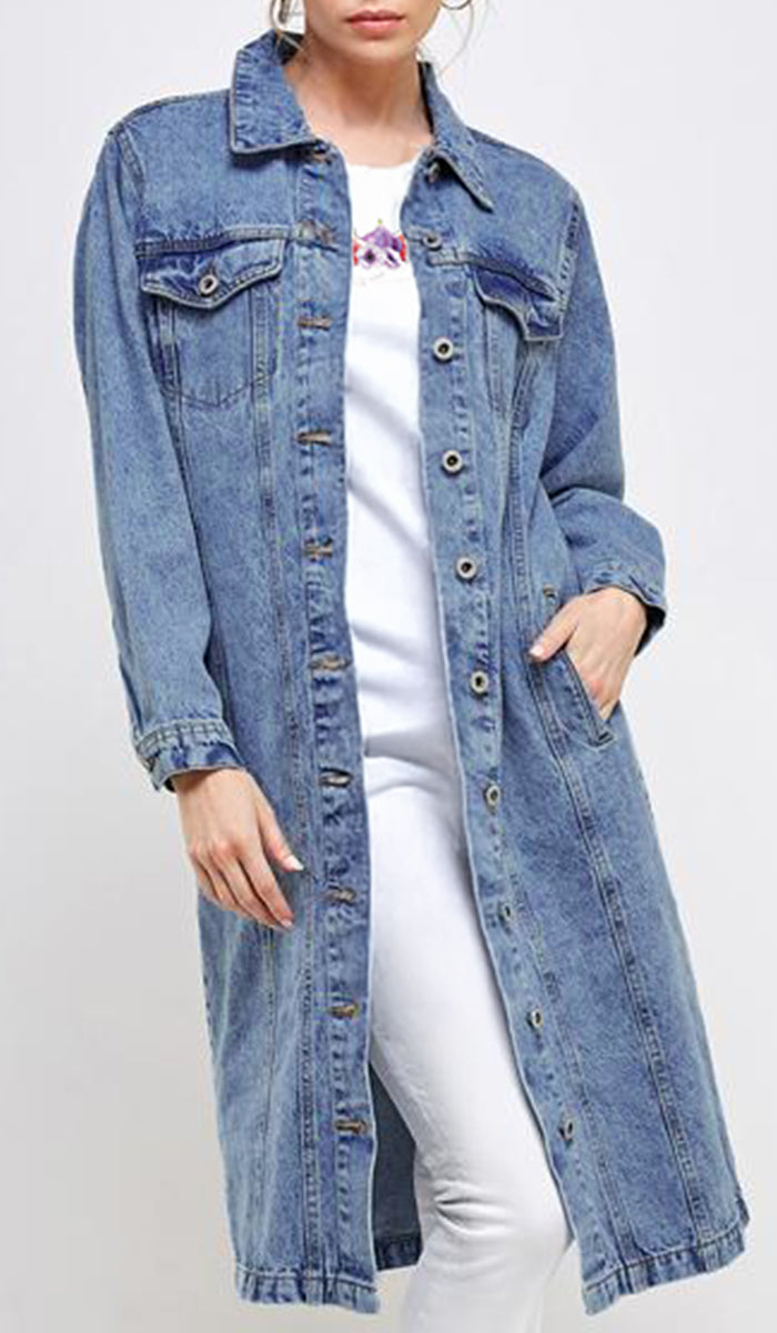 Aliza Long Cotton Oversized Denim Trench Jacket