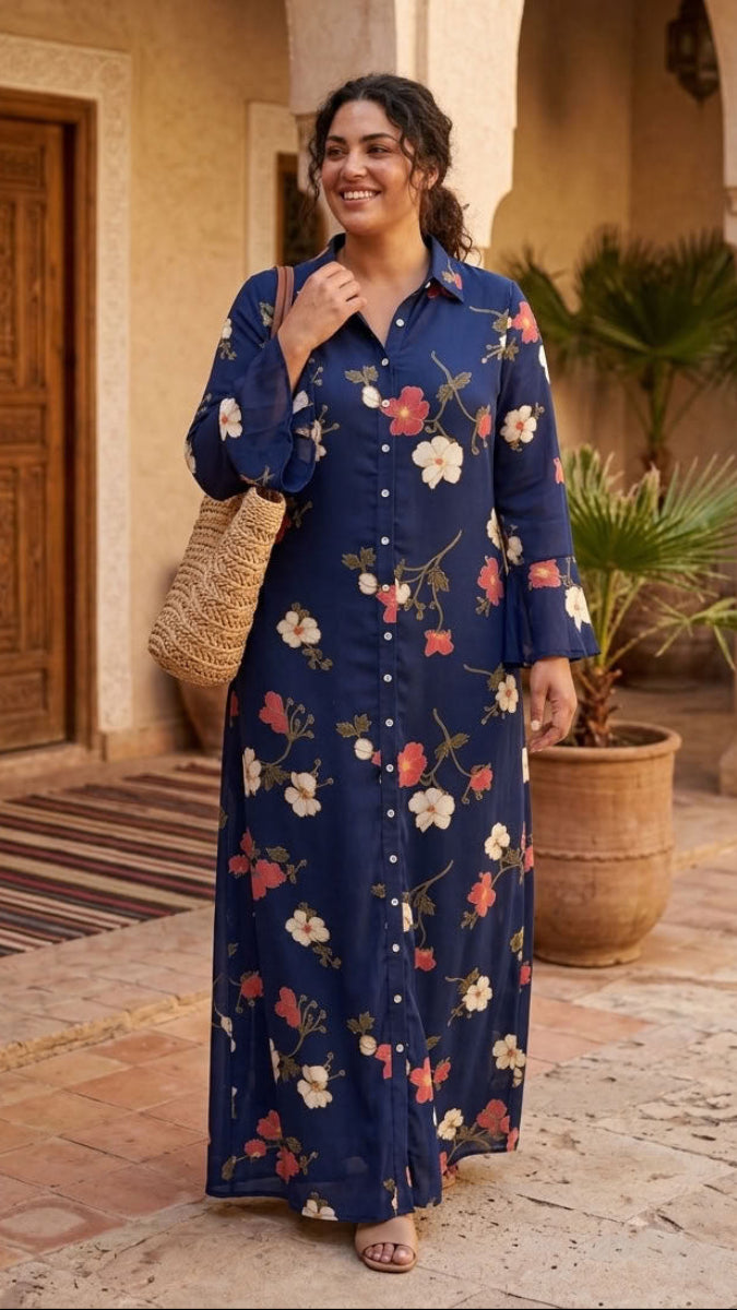 A woman wearing a navy blue long-sleeve maxi button-up dress with a red, white, and orange floral print, standing in a sunny courtyard with stone arches and potted plants.