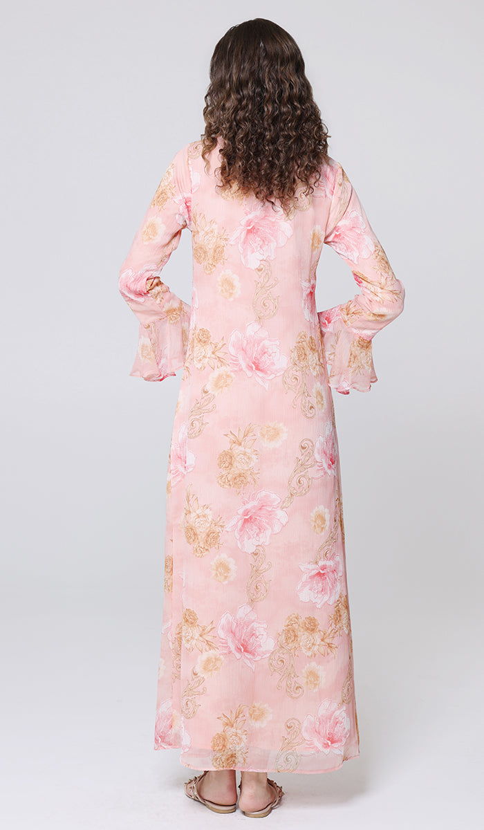 Alizeh Button Front Chiffon Modest Long Maxi Dress - Damask Rose