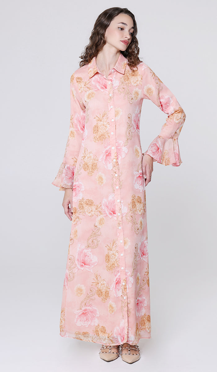 Alizeh Button Front Chiffon Modest Long Maxi Dress - Damask Rose