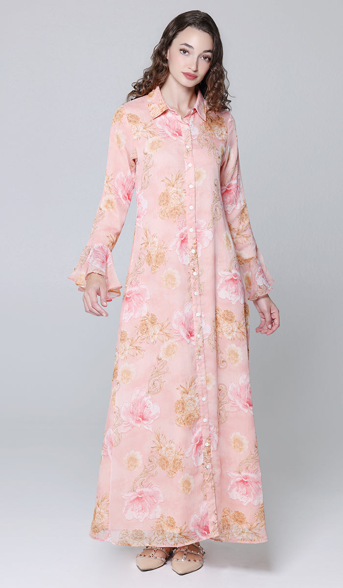 Alizeh Button Front Chiffon Modest Long Maxi Dress - Damask Rose