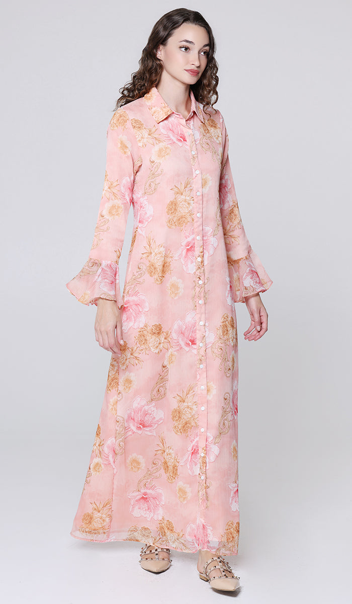 Alizeh Button Front Chiffon Modest Long Maxi Dress - Damask Rose