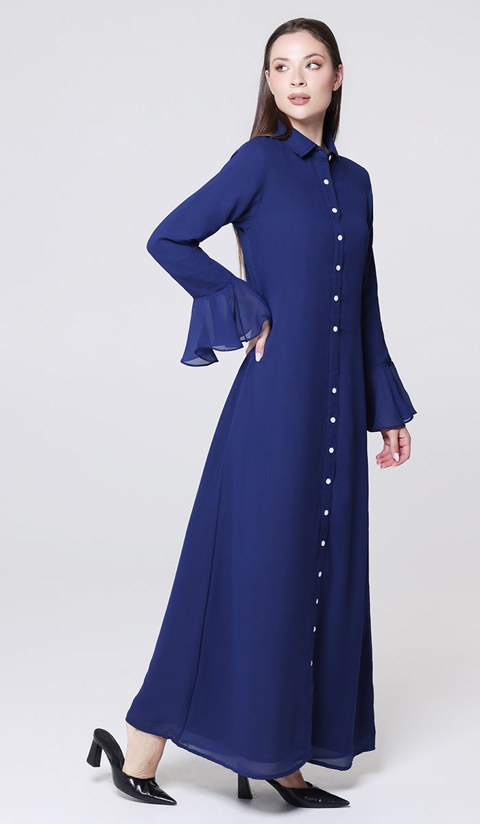 Robe longue longue modeste en mousseline de soie smockée Nadia - Noir