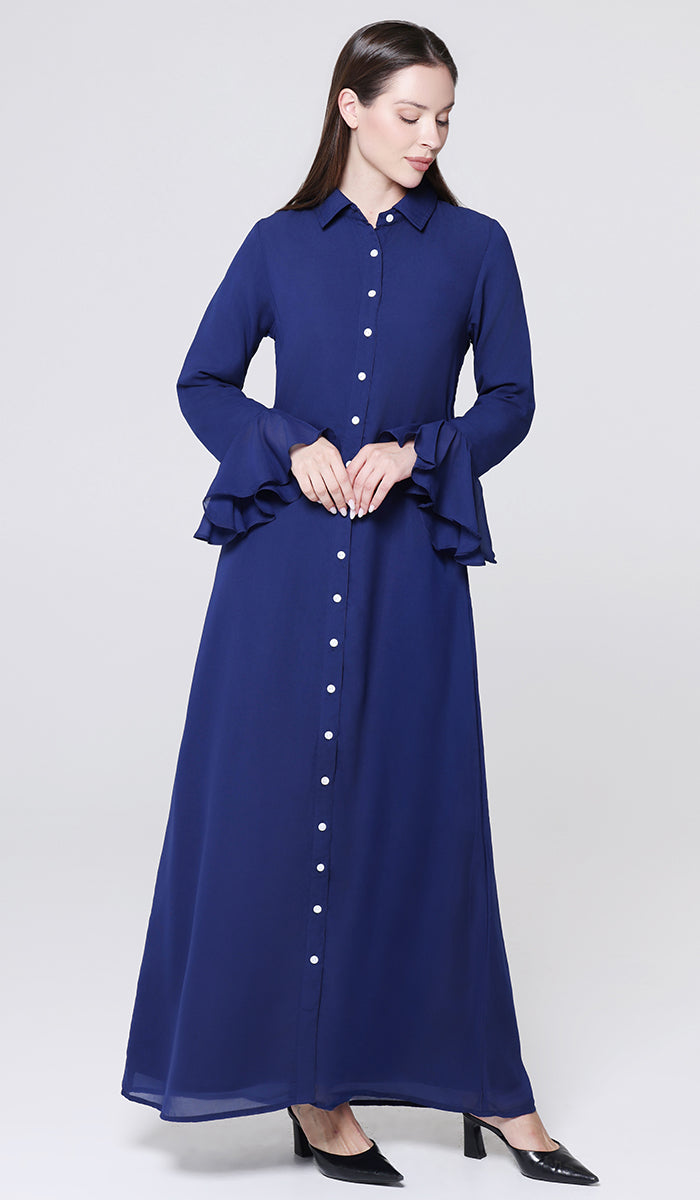 Robe longue longue modeste en mousseline de soie smockée Nadia - Noir
